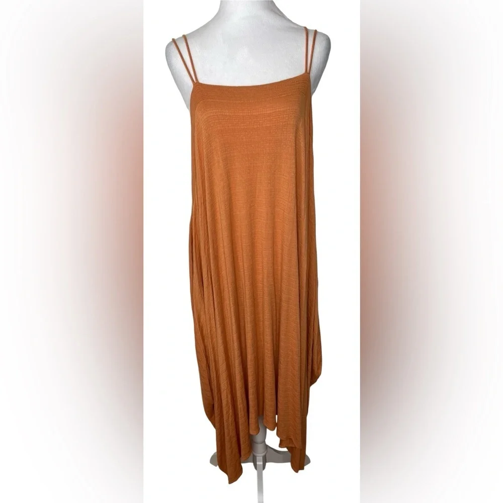Boho Flowy Orange Spaghetti Strap Midi SunDress Summer Resort Beach Vacation Lg